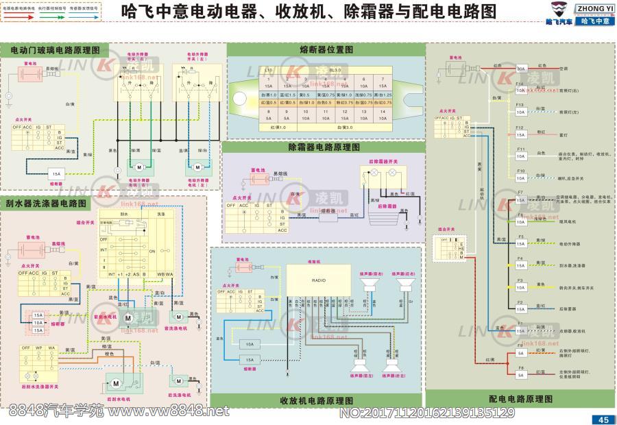 哈飞中意 电动电器、收放机、除霜器与配电电路图